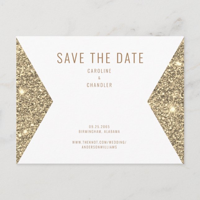 Gold Glitzer Image & White Modern Save the Date Postkarte (Vorderseite)