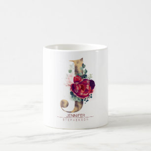 Gold Glitzer J Monogram Floral Burgund Red Kaffeetasse