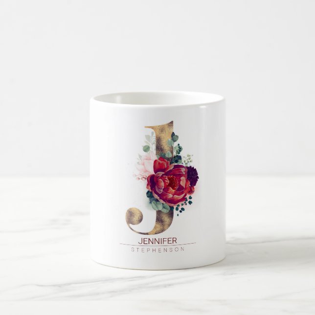 Gold Glitzer J Monogram Floral Burgund Red Kaffeetasse (Mittel)