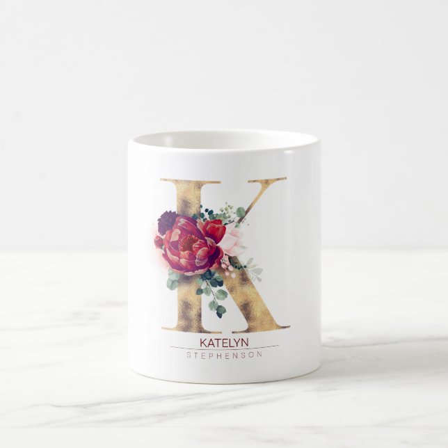 Gold Glitzer K Monogram Floral Burgundy Red Kaffeetasse (Mittel)