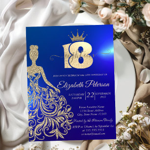 Gold Glitzer Kleid, Tiara, Blau 18. Geburtstag Einladung