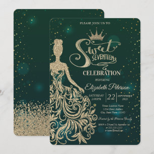 Gold Glitzer Kleid, Tiara, Diamanten Grün Sweet 17 Einladung