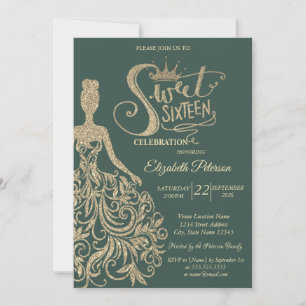 Gold Glitzer Kleid, Tiara, Grün Sweet 16 Einladung