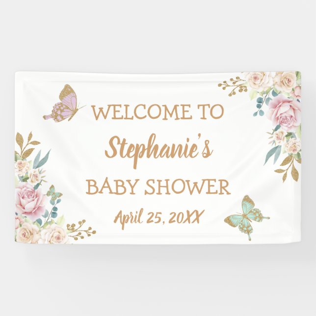 Gold Glitzer Kleine Schmetterling Babydusche Hinte Banner (Horizontal)