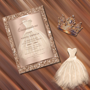 Gold Glitzer Kupfer Elegantes Kleid Quinceañera Einladung