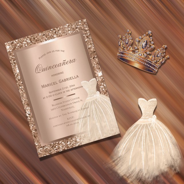 Gold Glitzer Kupfer Metallic Elegant Quinceñera Einladung (Von Creator hochgeladen)
