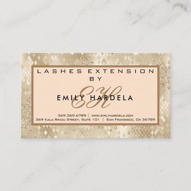 Gold-Glitzer-Lashes mit Aftercare-Instruktionen  Visitenkarte (Vorderseite)