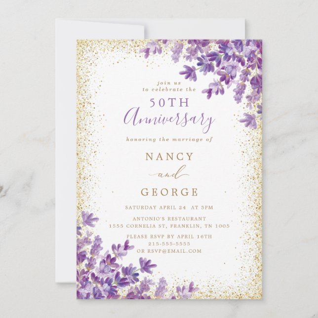 Gold Glitzer Lavender 50. Hochzeitstag Einladung (Vorderseite)