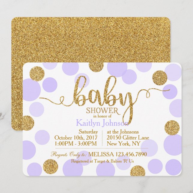 Gold Glitzer Lavender Scattered Dots Baby Dusche Einladung (Vorne/Hinten)
