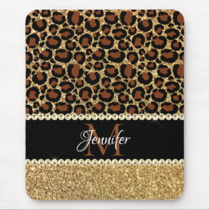 Gold Glitzer Leopard Girly Glam Monogram Mousepad
