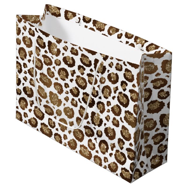 Gold Glitzer Leopard Print Große Geschenktüte (Vorderseite Schrägansicht)