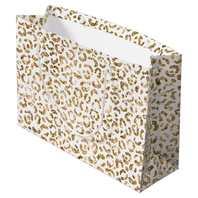 Gold Glitzer Leopard Print Große Geschenktüte (Rückseite Schrägansicht)