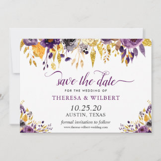 Gold Glitzer Lila Blumenhochzeit Sichern Sie das D Save The Date