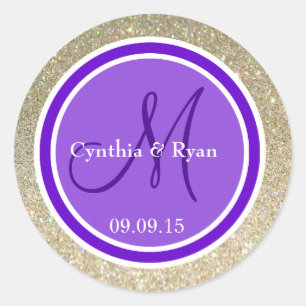 Gold Glitzer & Lila Wedding Monogram Runder Aufkleber