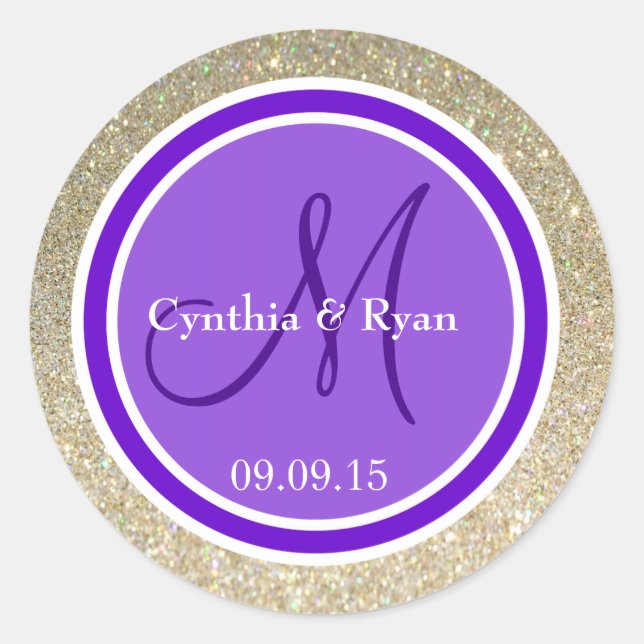 Gold Glitzer & Lila Wedding Monogram Runder Aufkleber (Vorderseite)