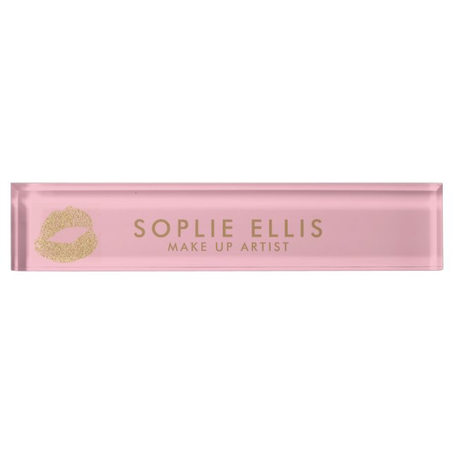 Gold Glitzer Lippen Rosa personalisieren Name Namensplakette (Vorderseite)