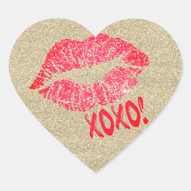 Gold Glitzer Lips Kiss XOXO Heart Sticker (Vorderseite)