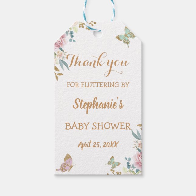 Gold Glitzer Little Butterfly Rose Baby Dusche Geschenkanhänger (Vorderseite)