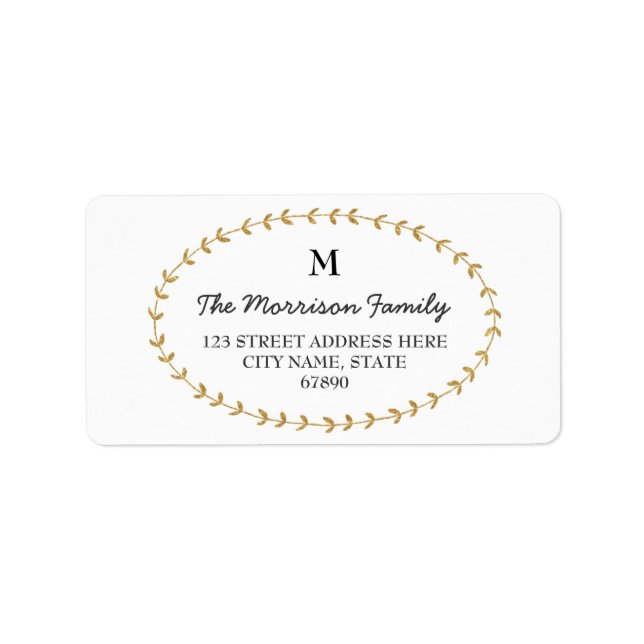 Gold Glitzer Look Laurel Monogram Address Labels Adressaufkleber (Vorne)