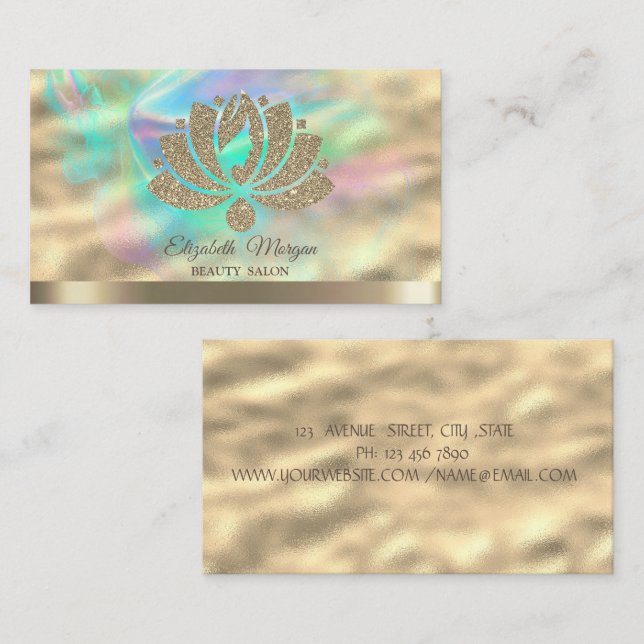 Gold Glitzer Lotus Holographic Ink Beauty Salon Visitenkarte (Vorne/Hinten)