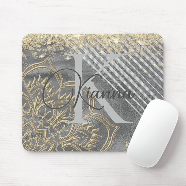 Gold Glitzer Lotus Mandala Monogram Mouse Pad Mousepad (Mit Mouse)