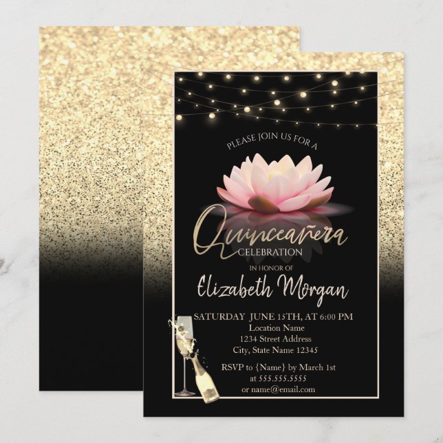 Gold Glitzer, Lotus, Weinglas Quinceanera Einladung (Vorne/Hinten)