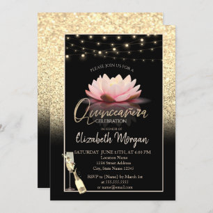 Gold Glitzer, Lotus, Weinglas Quinceanera Einladung