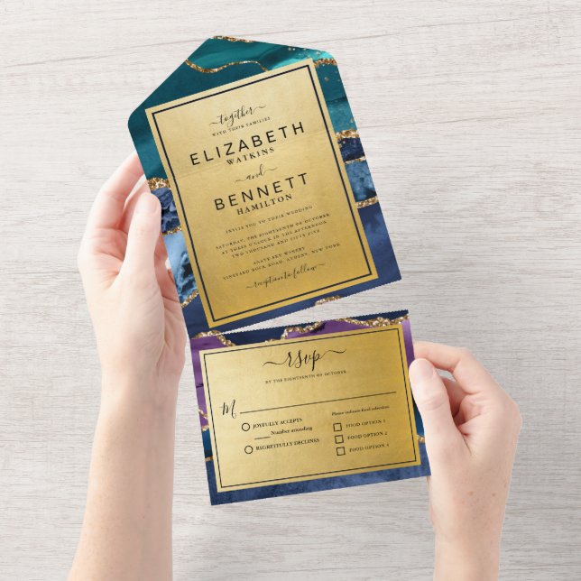 Gold Glitzer Marble Agate Wedding All In One Einladung (Abreißen)