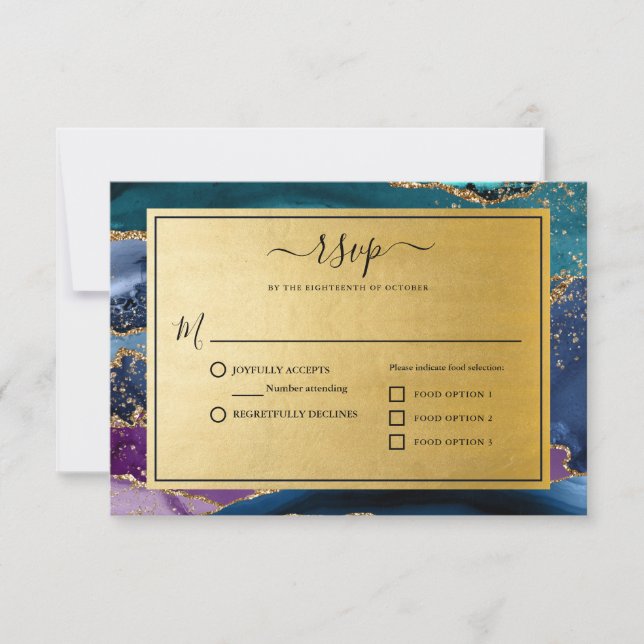 Gold Glitzer Marble Agate Wedding RSVP Karte (Vorderseite)