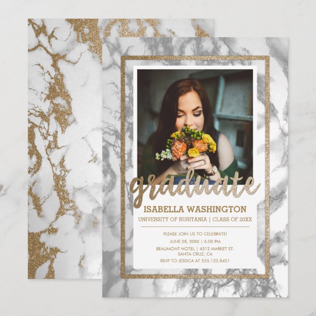Gold Glitzer Marble Script Foto Graduation Party Einladung (Vorne/Hinten)