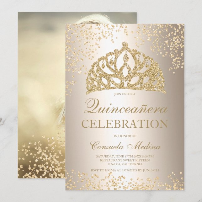 Gold Glitzer Metallisches Foto Tiara Quinceañera Einladung (Vorne/Hinten)