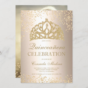 Gold Glitzer Metallisches Foto Tiara Quinceañera Einladung
