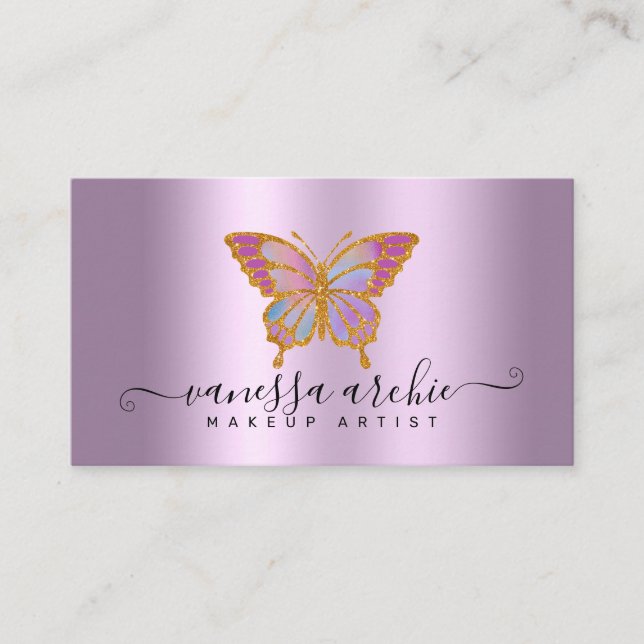 Gold Glitzer Metallisches Lila Foil Butterfly Logo Visitenkarte (Vorderseite)
