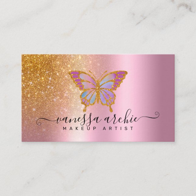Gold Glitzer Metallisches Pink Foil Butterfly Logo Visitenkarte (Vorderseite)