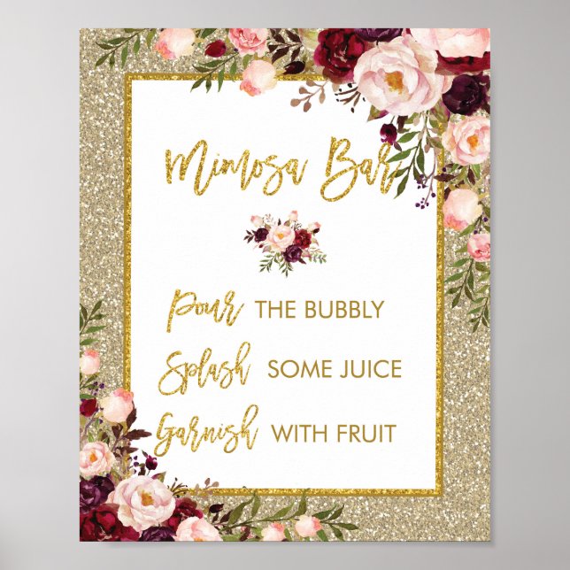 Gold Glitzer Mimosa Bar Sign Blumendekor Poster (Vorne)