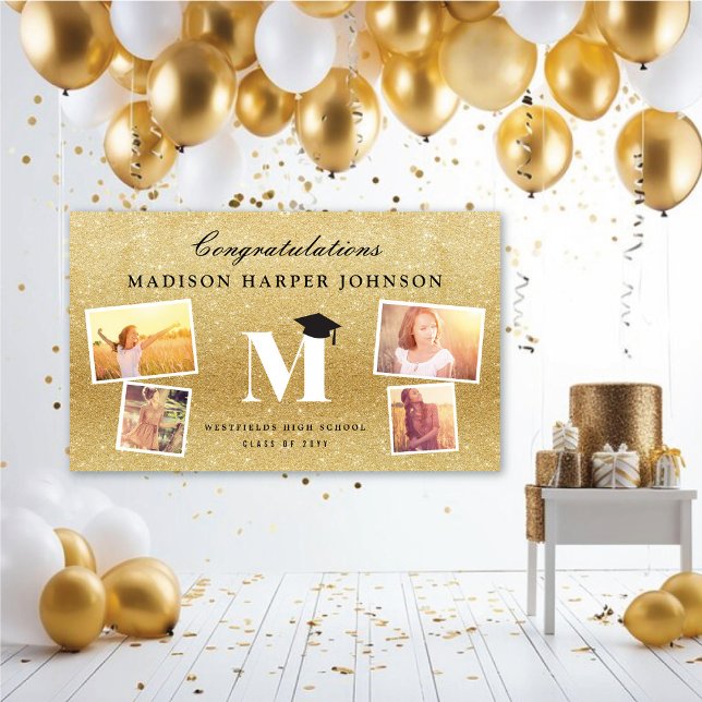 Gold Glitzer Monogram 4 Foto Stilvolles Grand Part Banner (Gold Glitter Name Monogram Stylish 4 Photo Graduation Party Banner @ www.zazzle.com/color_therapy)