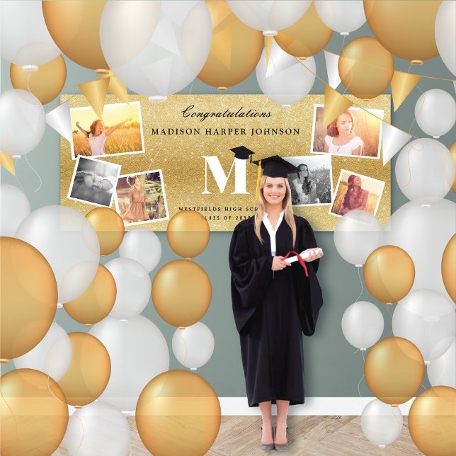 Gold Glitzer Monogram 6 Foto Graduation Party Banner (Gold Glitter Name Monogram Chic 6 Photo Chic Graduation Party Banner @ www.zazzle.com/color_therapy)