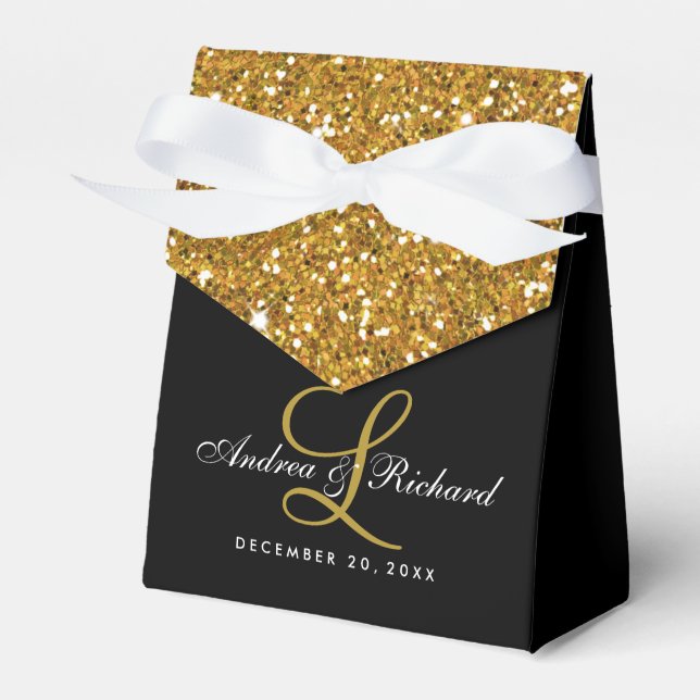 Gold Glitzer Monogram Elegant Wedding Favor Box Geschenkschachtel (Vorderseite)