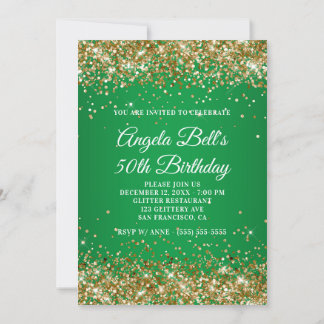 Gold Glitzer Monogram Green Ombre 50. Geburtstag Einladung