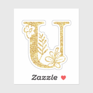 Gold Glitzer Monogram Initial U Floral Aufkleber