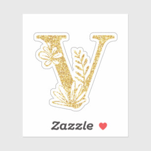 Gold Glitzer Monogram Initial V Floral Aufkleber