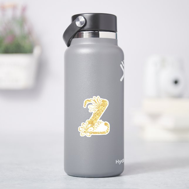 Gold Glitzer Monogram Initial Z Floral Sticker (HydroFlask)