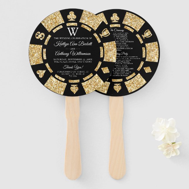 Gold Glitzer Monogram Poker Chip Casino Hochzeit Fächer (Vorne und Hinten)
