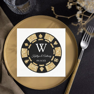 Gold Glitzer Monogram Poker Chip Casino Hochzeit Serviette