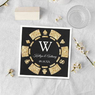 Gold Glitzer Monogram Poker Chip Casino Hochzeit Serviette