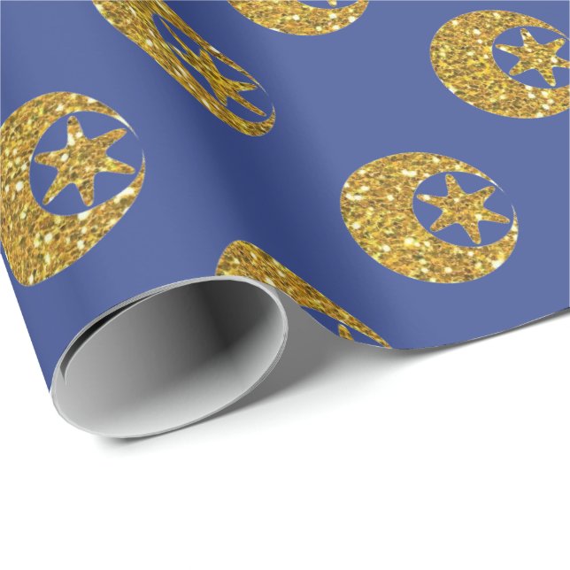 Gold Glitzer Moon and Stars Muster auf blau Geschenkpapier (Rolleneckpunkt)