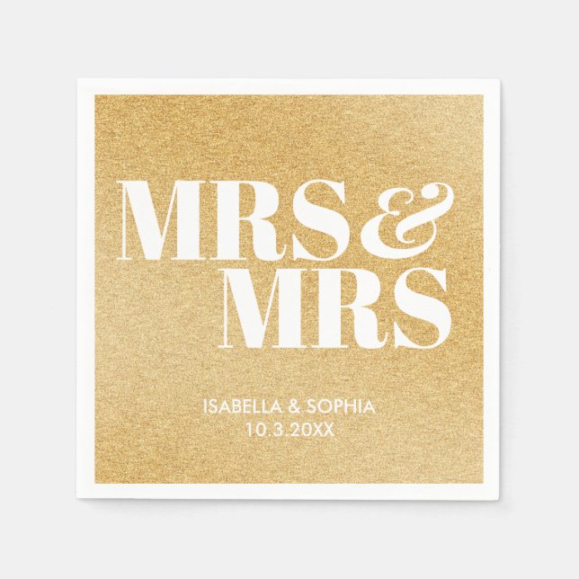 Gold Glitzer Mrs & Mrs Bride Personalisiert Weddin Serviette (Vorderseite)
