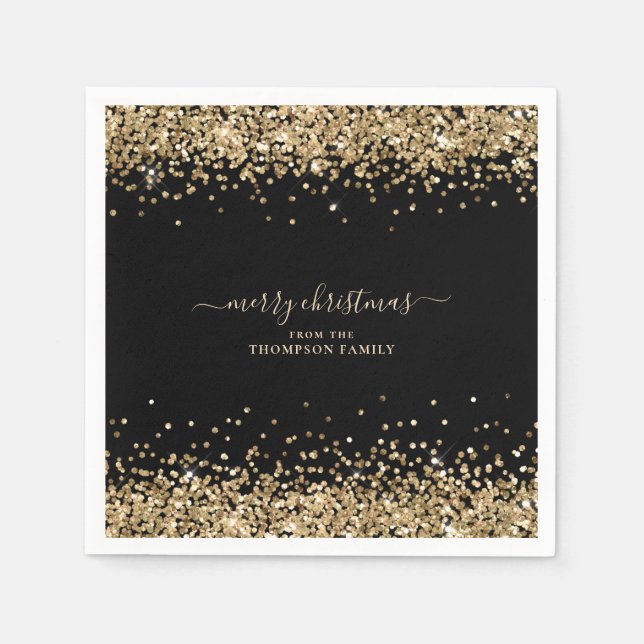 Gold Glitzer Name Black Frohe Weihnachten Serviette (Vorderseite)