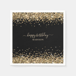 Gold Glitzer Name Black Happy Birthday Serviette