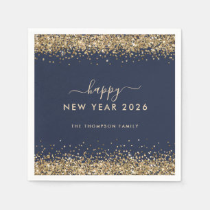 Gold Glitzer Name Navy Blue Happy New Year 2026 Serviette